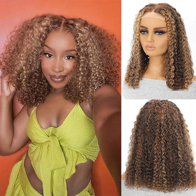 QT Hair Curly Bob Lace Frontal Wig Pre Plucked Ombre Highlight Human Hair ｜QT Hair