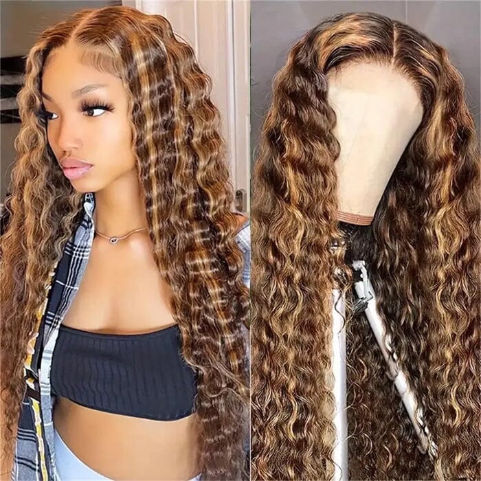 QT Hair Deep Wave Lace Closure Wigs Ombre Brown Highlight Human Hair ｜QT Hair