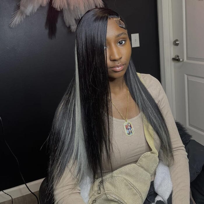 QT Hair Highlight Color 1B/Grey 13x4 Lace Frontal Wig Pre Plucked Human Hair Flash Sale