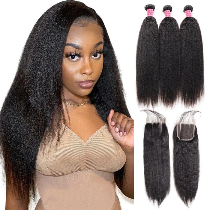 QT Hair Kinky Straight Human Hair Weave Bundles with Swiss Lace Closure