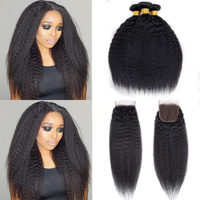 QT Hair Kinky Straight Human Hair Weave Bundles with Swiss Lace Closure