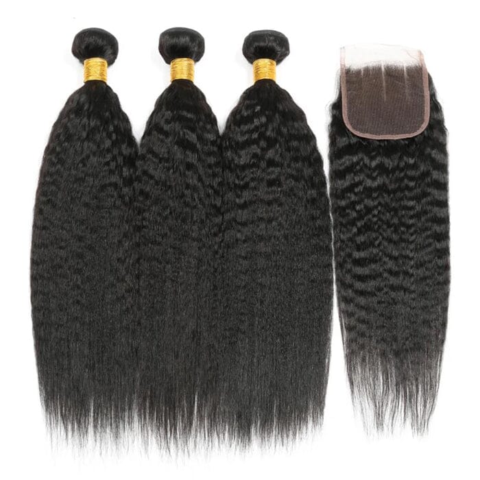 QT Hair Kinky Straight Human Hair Weave Bundles with Swiss Lace Closure