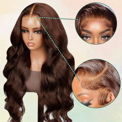 QT Hair Pre Cut Glueless 8x5 Lace Closure Wig Pre Plucked Body Wave Brown Color Human Hair