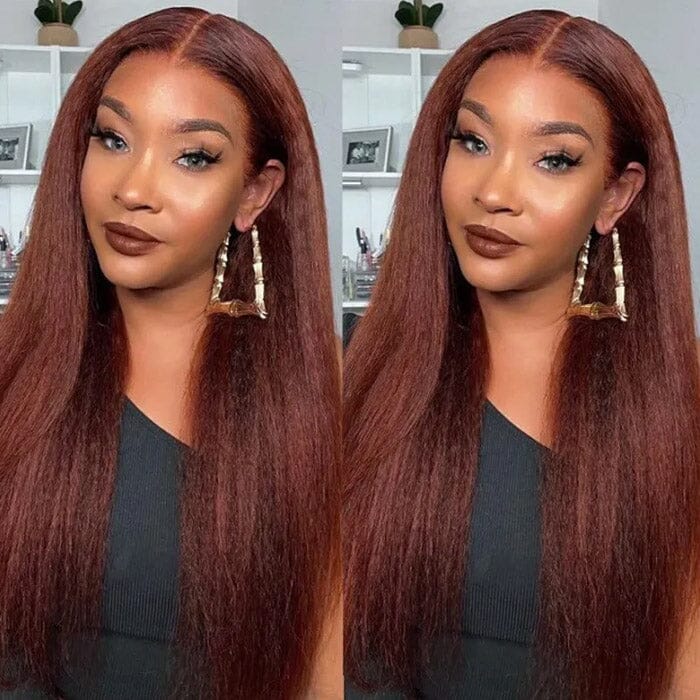 QT Hair Reddish Brown Color Kinky Straight Lace Closure Wig Yaki Human Hair ｜QT Hair