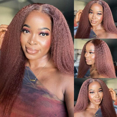 QT Hair Reddish Brown Color Kinky Straight Lace Closure Wig Yaki Human Hair ｜QT Hair