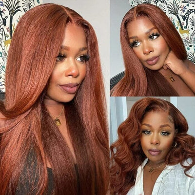 QT Hair Reddish Brown Color Kinky Straight Lace Closure Wig Yaki Human Hair ｜QT Hair