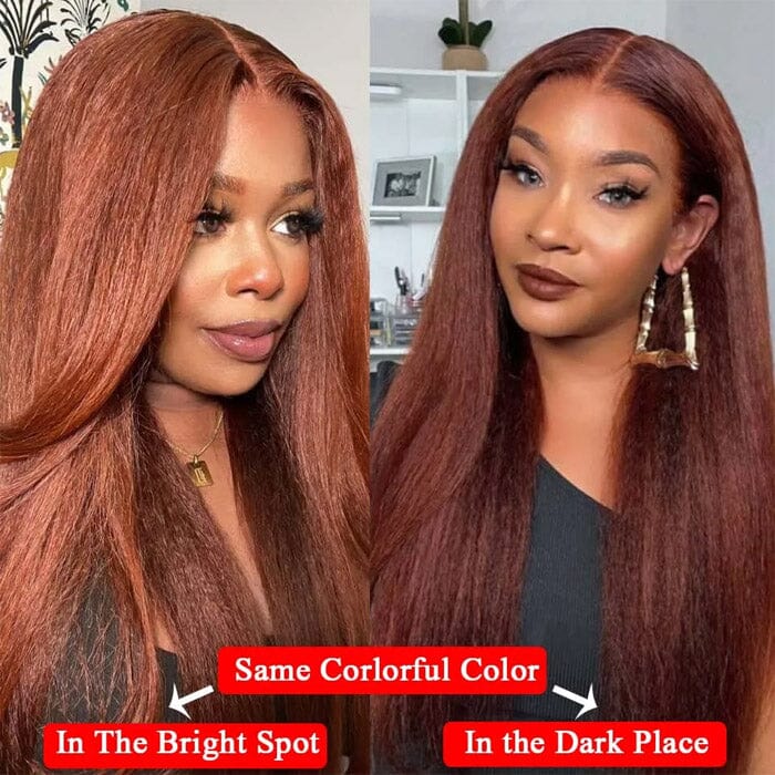 QT Hair Reddish Brown Color Kinky Straight Lace Closure Wig Yaki Human Hair ｜QT Hair