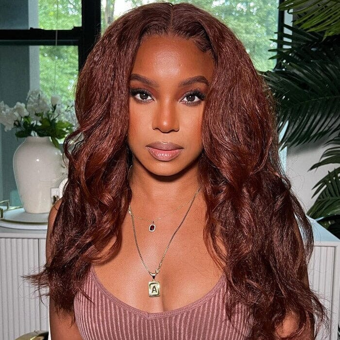 QT Hair Reddish Brown Color Kinky Straight Lace Closure Wig Yaki Human Hair ｜QT Hair