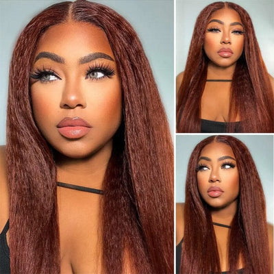 QT Hair Reddish Brown Color Kinky Straight Lace Closure Wig Yaki Human Hair ｜QT Hair