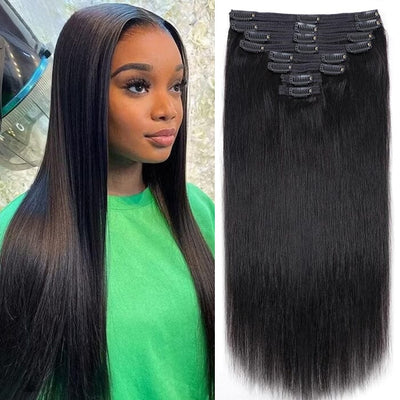 QT Straight Clips in Human Hair Extension Natural Black Ponytail Virgin Human Hair ｜QT Hair