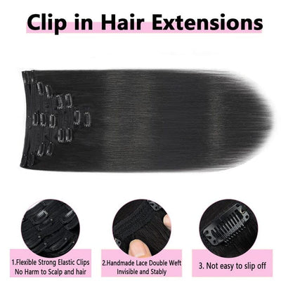 QT Straight Clips in Human Hair Extension Natural Black Ponytail Virgin Human Hair ｜QT Hair