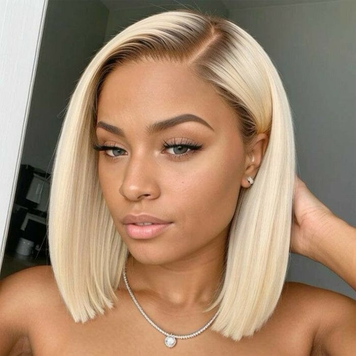 QT Hair Honey Blonde Highlight Short Bob Lace Frontal Wig Bone Straight 613 Human Hair