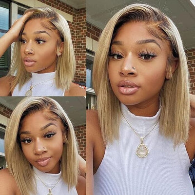 QT Hair Honey Blonde Highlight Short Bob Lace Frontal Wig Bone Straight 613 Human Hair