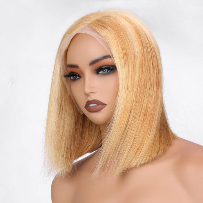 QT Hair Honey Blonde Highlight Short Bob Lace Frontal Wig Bone Straight 613 Human Hair