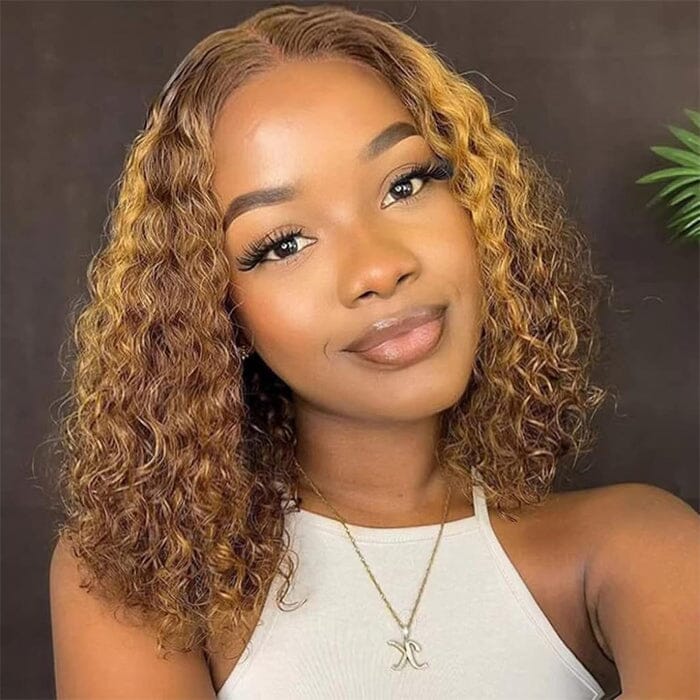 QT Ombre Highlight Lace Frontal Wig Short Bob Water Wave Human Hair
