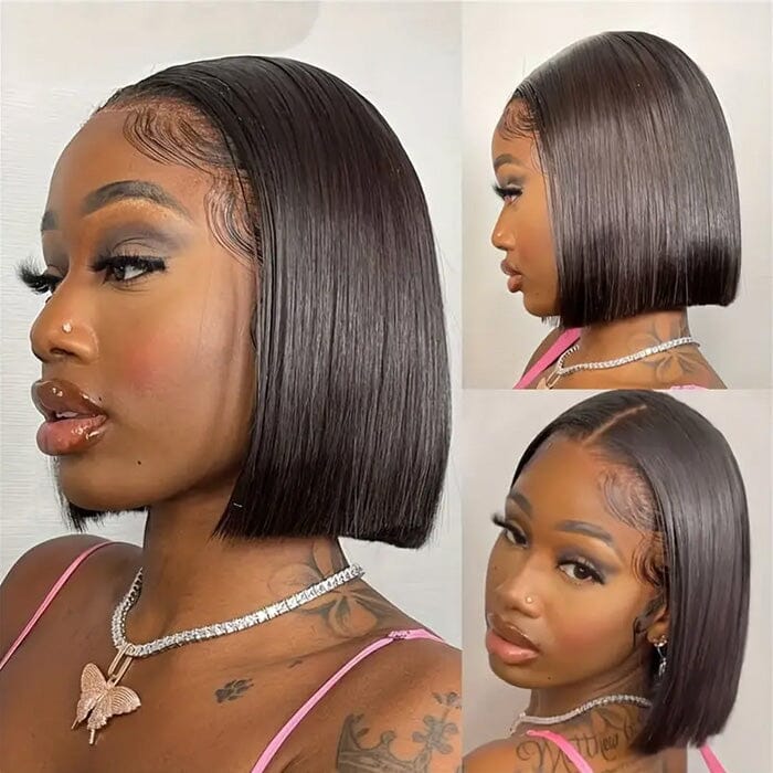 Short Bob Bone Straight Lace Frontal Wig Raw Human Hair Natural Black for Women ｜QT Hair