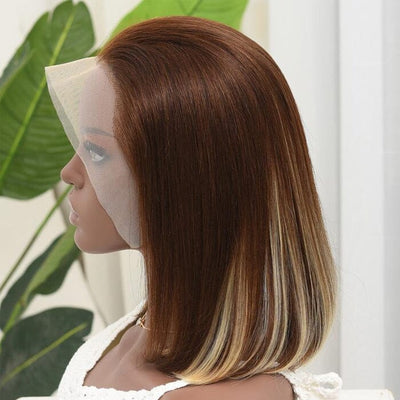 Short Bob Brown Color Omber Highlight Honey Blonde 13x4 Lace Frontal Wigs Human Hair ｜QT Hair
