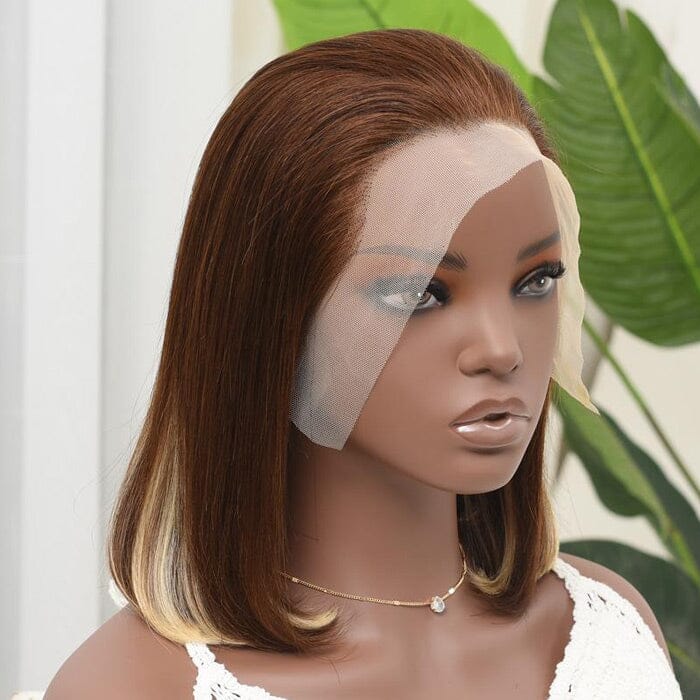 Short Bob Brown Color Omber Highlight Honey Blonde 13x4 Lace Frontal Wigs Human Hair ｜QT Hair